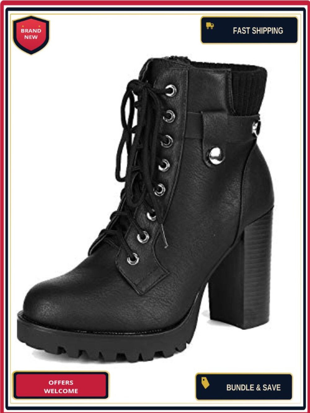 Lace Up Combat Ankle Boots High Chunky Heel Platform Vegan Leather Side Zipper